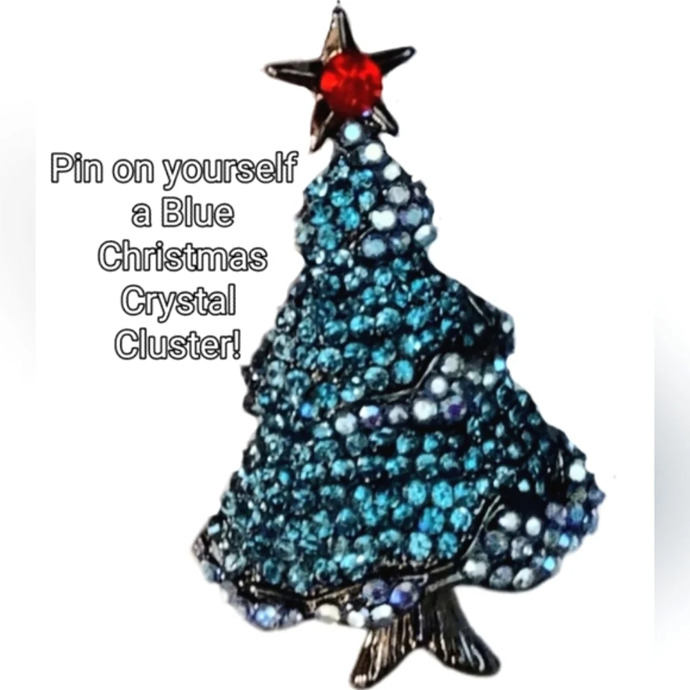 Blue Rhinestone Christmas Tree Brooch Red Star Topper